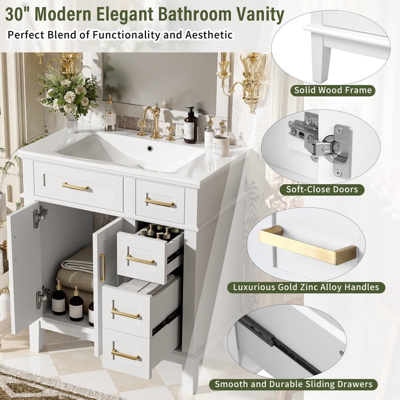 Bellemave 30" Bathroom Vanity Sink Combo, Modern Bathroom Storage Cabinet with 2 Drawers and 2 Soft Closing Door, Freestanding Bathroom Vanities (White)