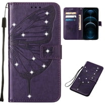 Case Wallet for Samsung Galaxy A25 5G with Wrist Hand Strap, Rhinestone Design Butterfly Flower Pattern Purse Case with Card Holder Kickstand, PU Leather Magnetic Clasp Shockproof Cover, Purple