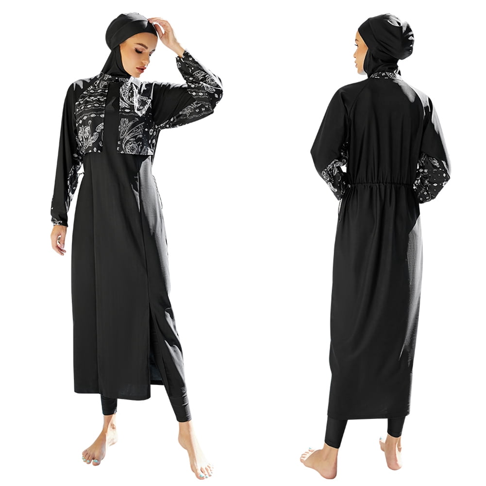 IBTOM CASTLE Muslim Swimsuits for Women Modest Islamic Arabic Swimwear Burkini Full Cover Hijab Top Pants Swimming Cap Bathing Suits S Black - Split Hem