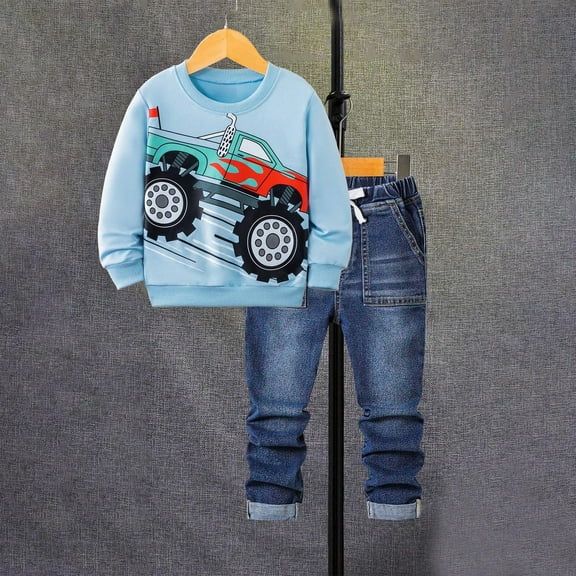 NAISIBABY Boys Pullover Sweatshirt & Jean Sets, Fashion Prints Thickened Casual 2-Piece Outfit Blue 2-3T
