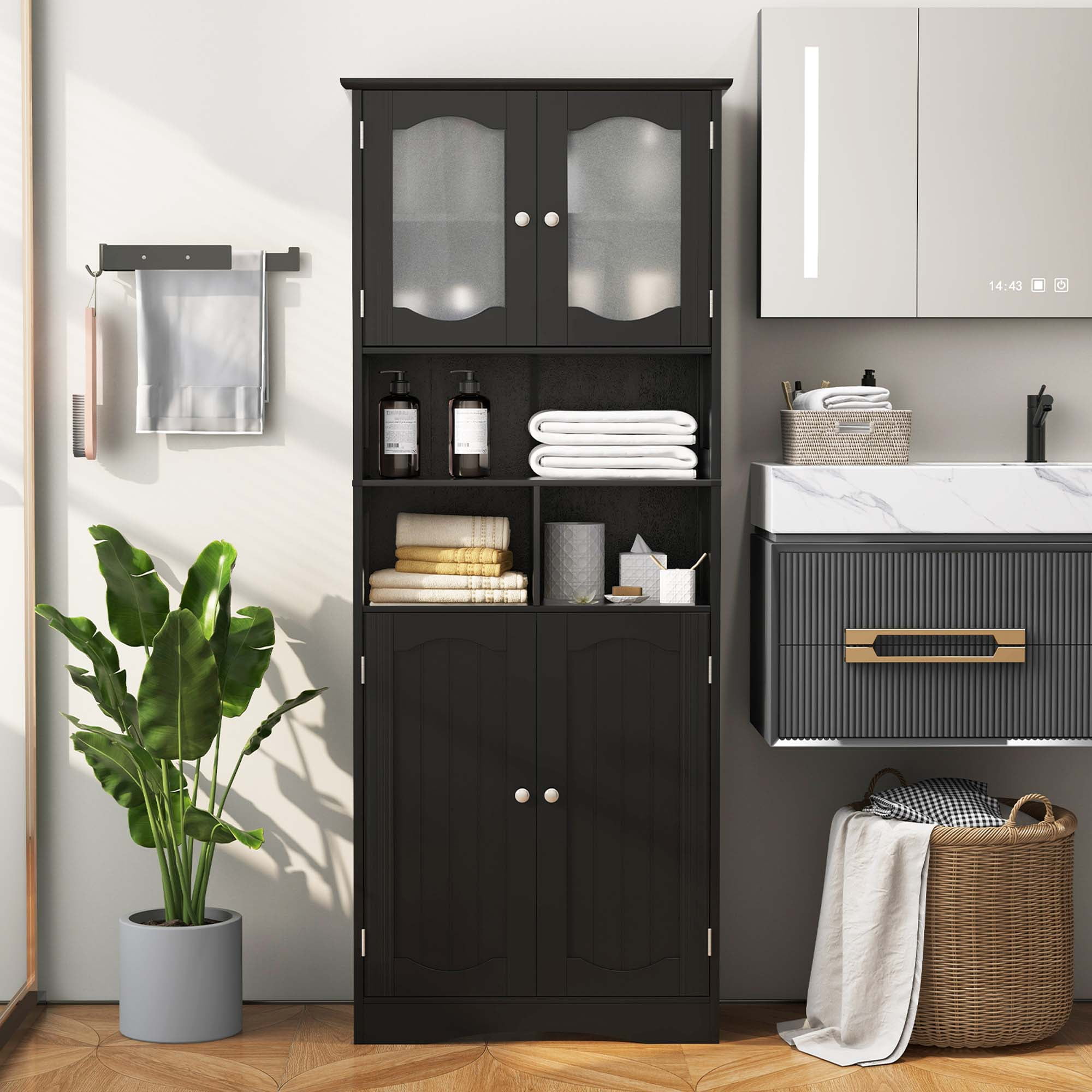 Costway 58.5" Tall Bathroom Storage Cabinet Freestanding Linen Cabinet with Shelves Black