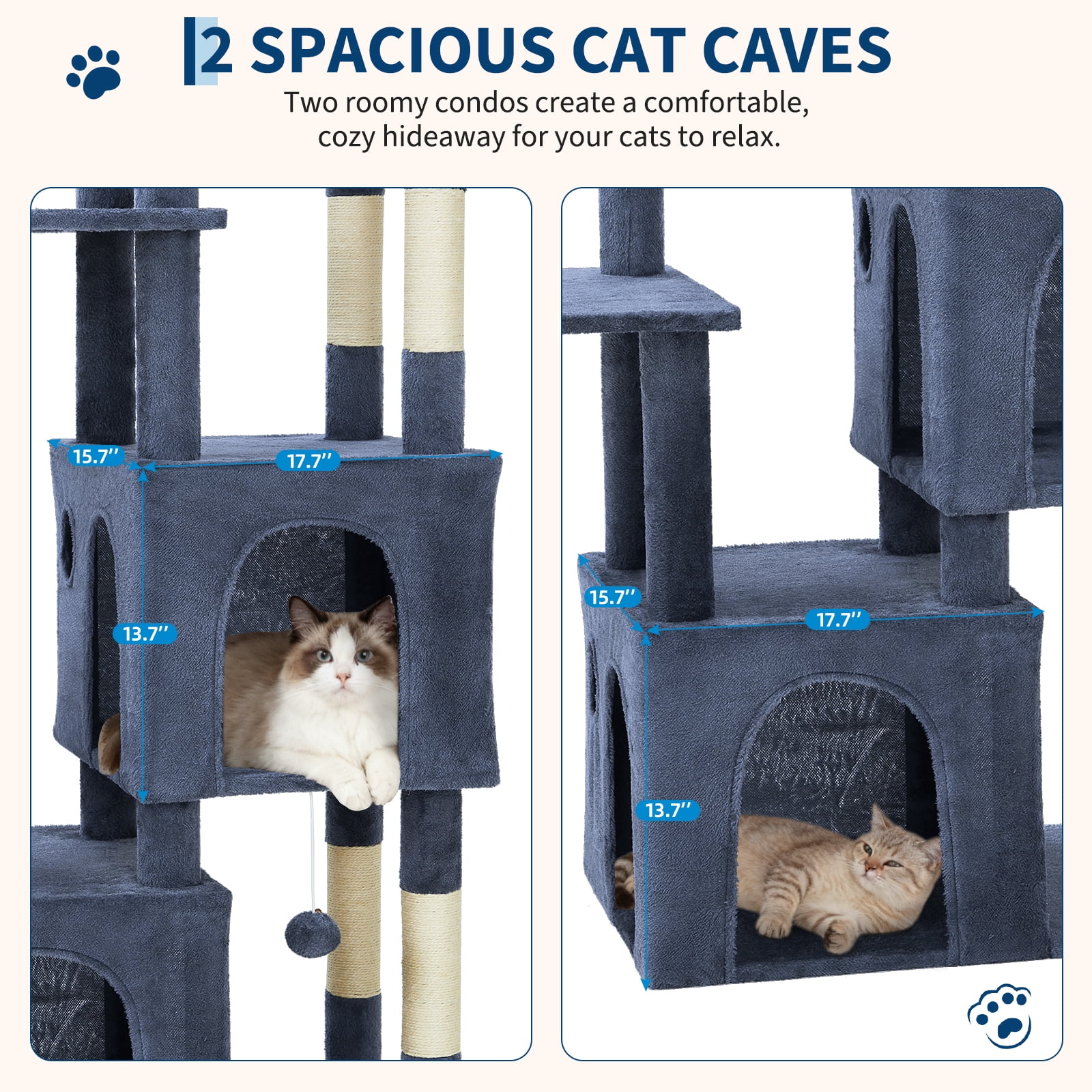 Babevy 61" Maine Coon Cat Tree, Heavy-Duty Tower with Extra-Large Perch, 2 Condos & 7 Sisal Scratching Posts for Large Indoor Cats