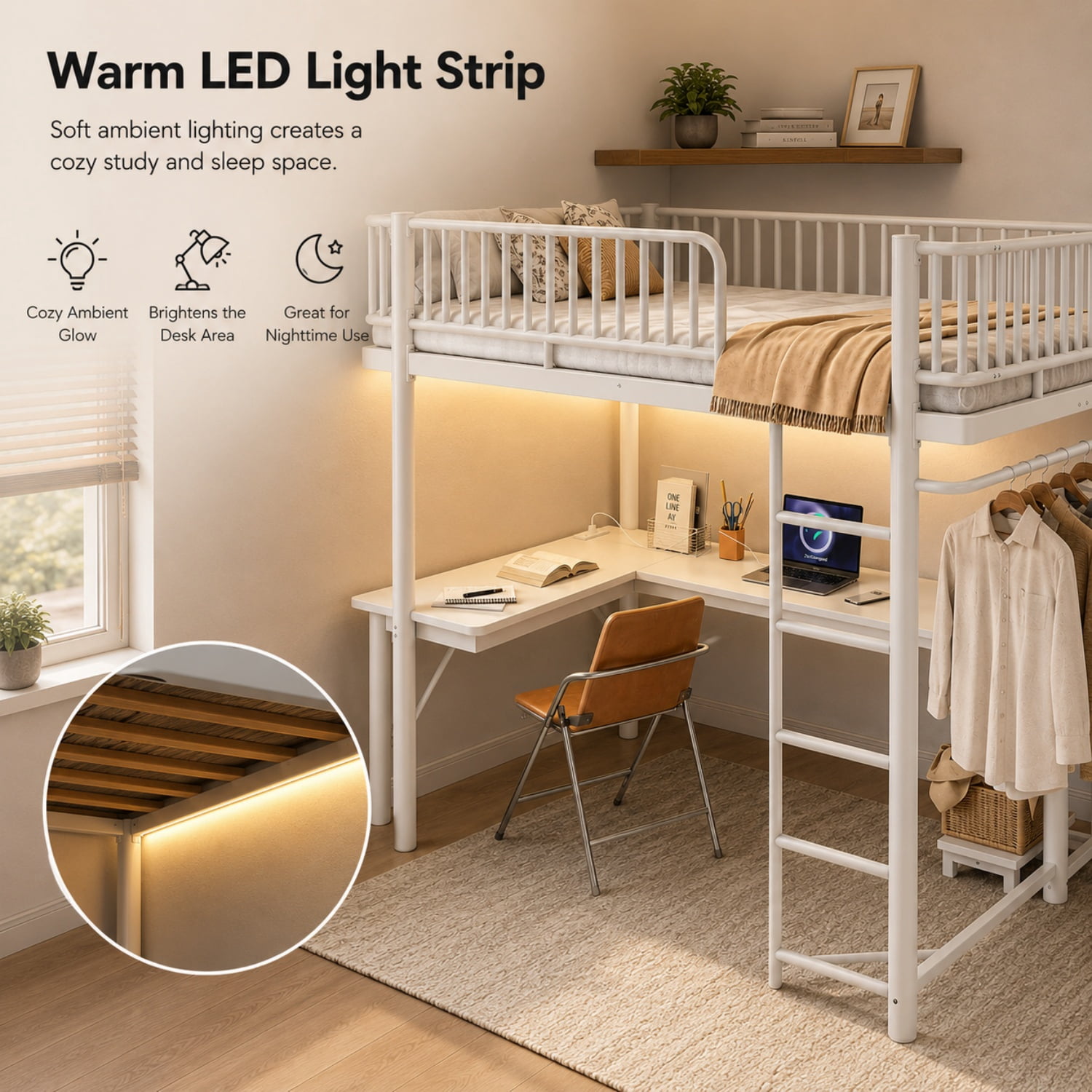 Miniyam Full Metal Loft Bed with L-Shaped Desk, LED Light Strip, Charging Station and PC Tower Tray, White