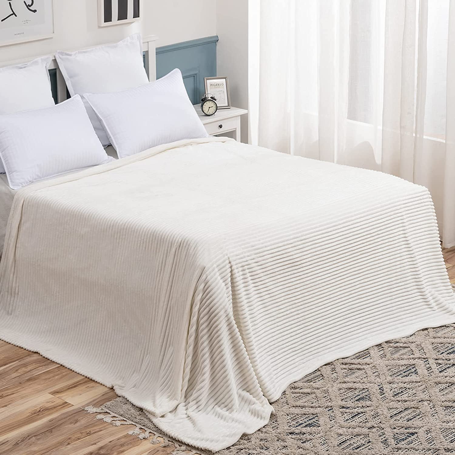 MIULEE Fleece Bed Blanket King Size with Stripe Pattern Fuzzy Soft Cream White Blanket Fluffy Cozy Plush Warm Throw Blanket for Sofa Chair Couch Bed Boho Decor 90 x108 Walmart