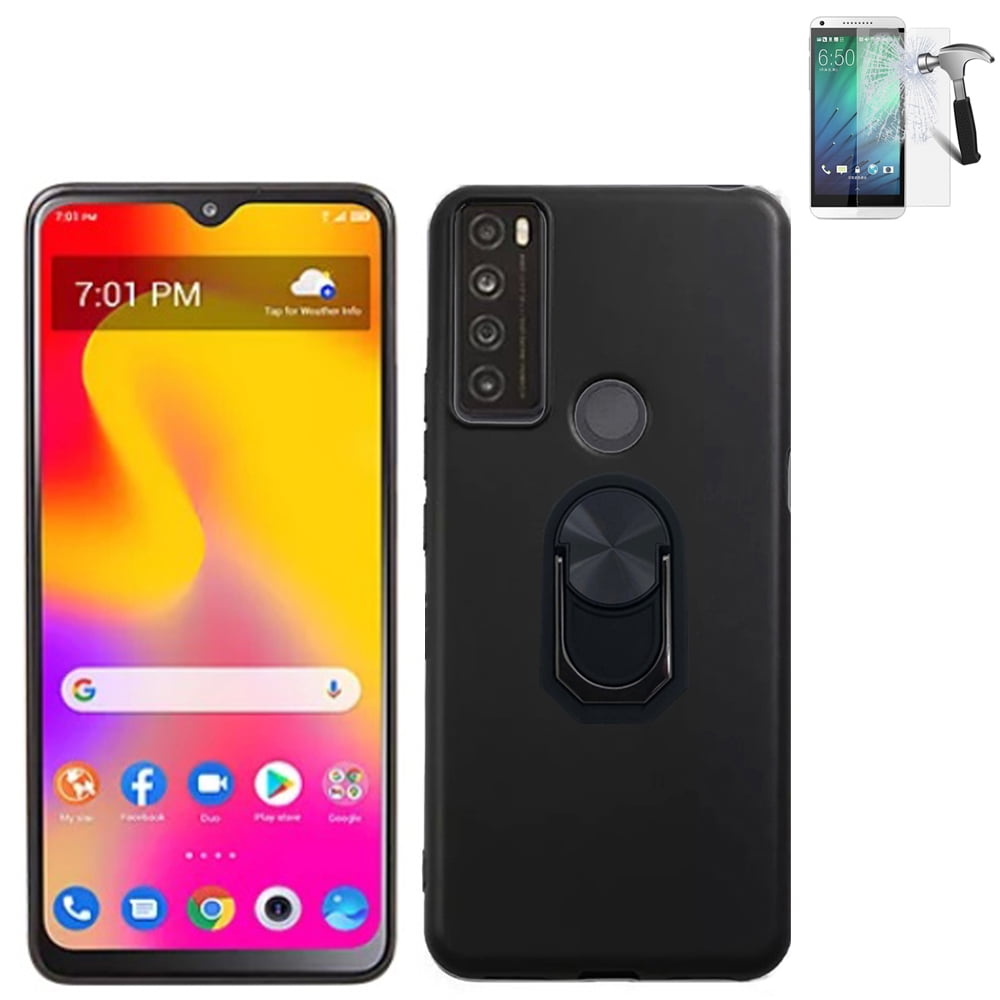For Alcatel TCL 30XL Case, 30 XL (T701DL) Screen Protector +Ring Stand (Gel Black +Tempered Glass +2in1Ring)