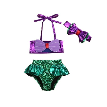 

Musuos Baby Girls Mermaid Bikini Set Halter Tops Bottoms Shorts Headband 3Pcs Bathing Suit