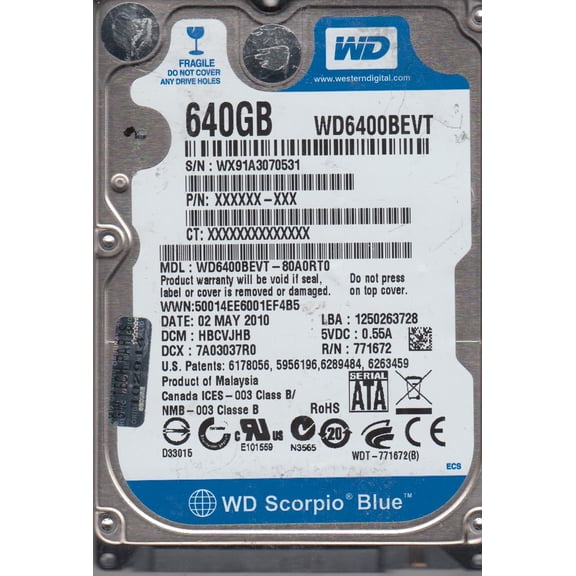 WD6400BEVT-80A0RT0, DCM HBCVJHB, Western Digital 640GB SATA 2.5 Hard Drive