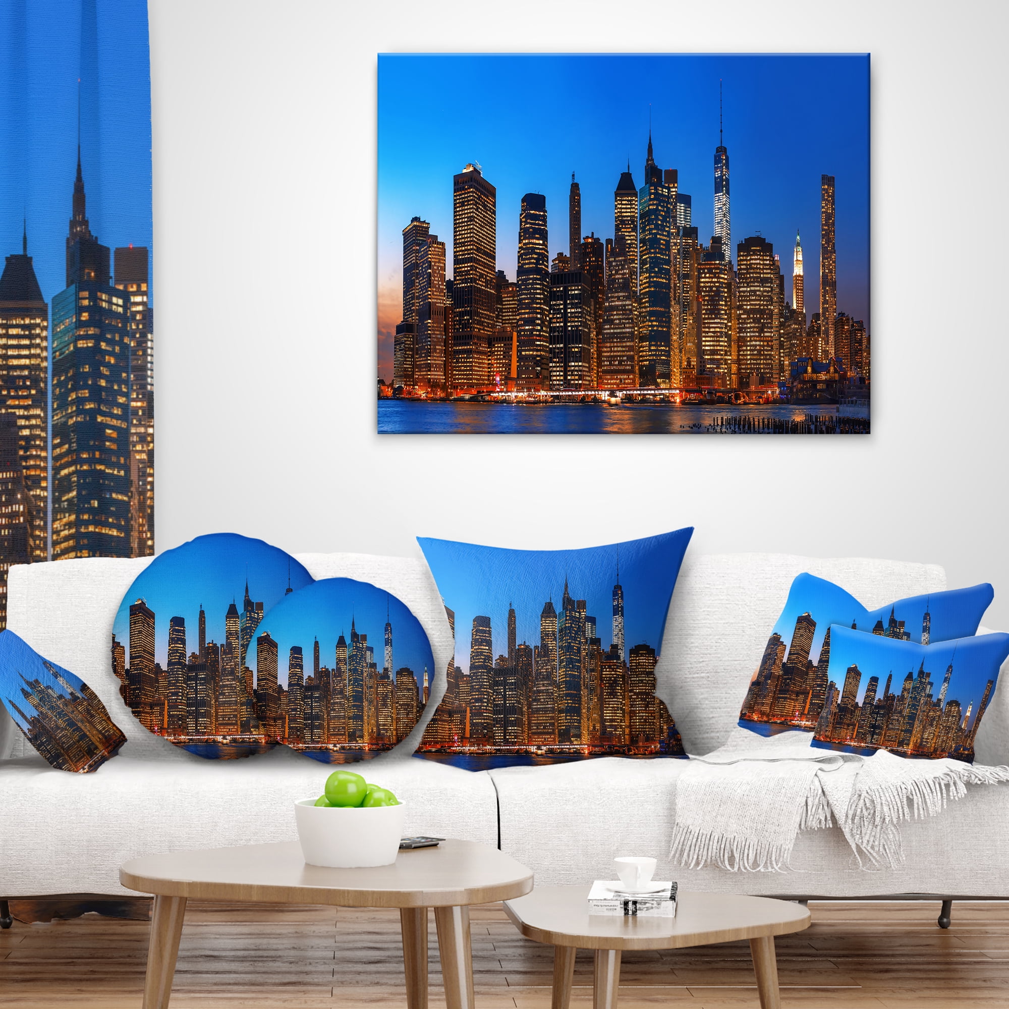 Designart Night New York City Panorama - Throw Pillow - 12x20