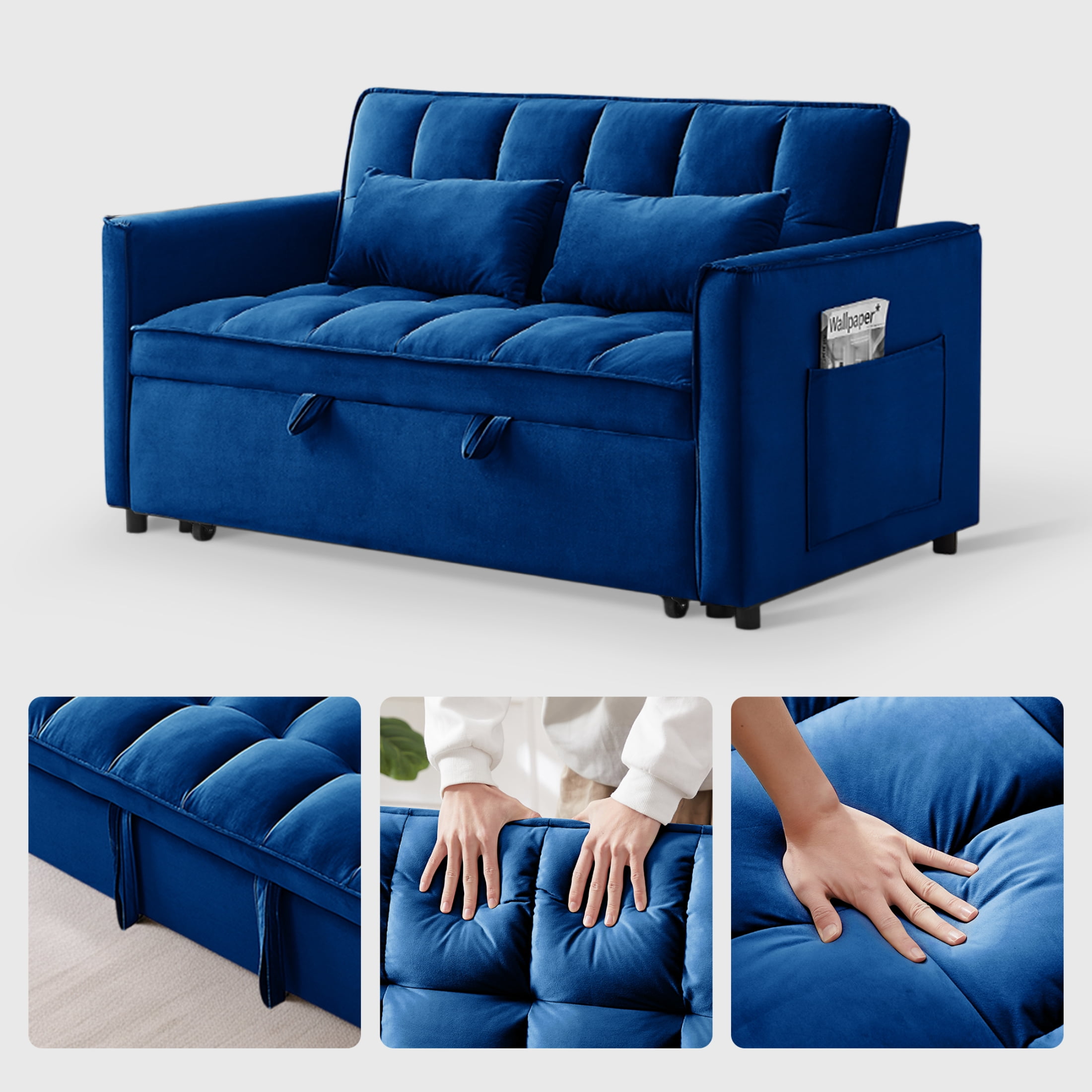 Vinform 55" 3 in 1 Convertible Sleeper Sofa Bed, Pull Out Loveseat Couch with Storage Pocket, Blue