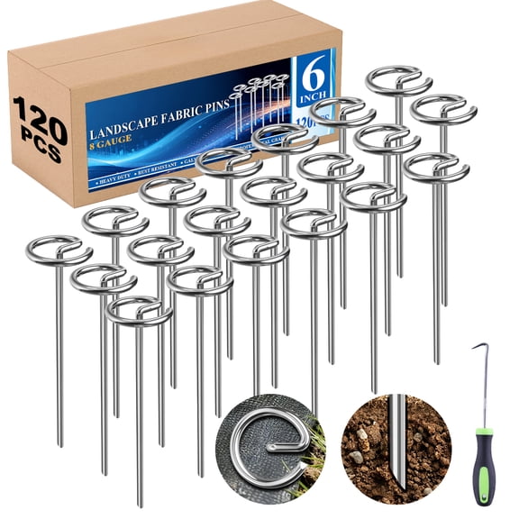 cyrico 120 Pcs Landscape Fabric Pins, Heavy Duty 8 Gauge Galvanized Landscape Staples with Pick Hook, 6 Inch G Shaped Circle Top Garden Stakes for Weed Barrier, Tarps, Artificial Grass