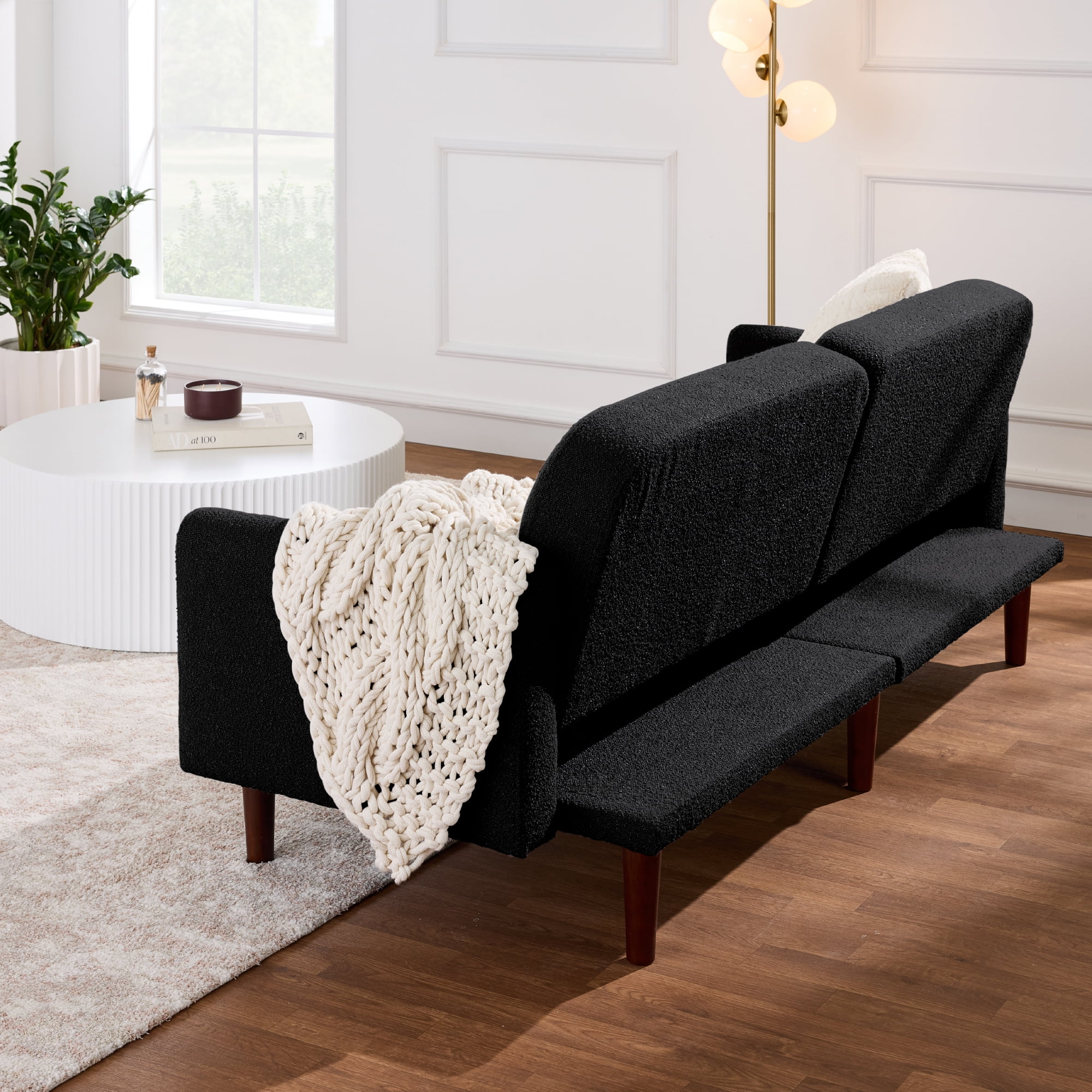 Best Choice Products Curved Convertible Futon, Boucle Fabric Split-Back Sleeper Bed - Midnight Black