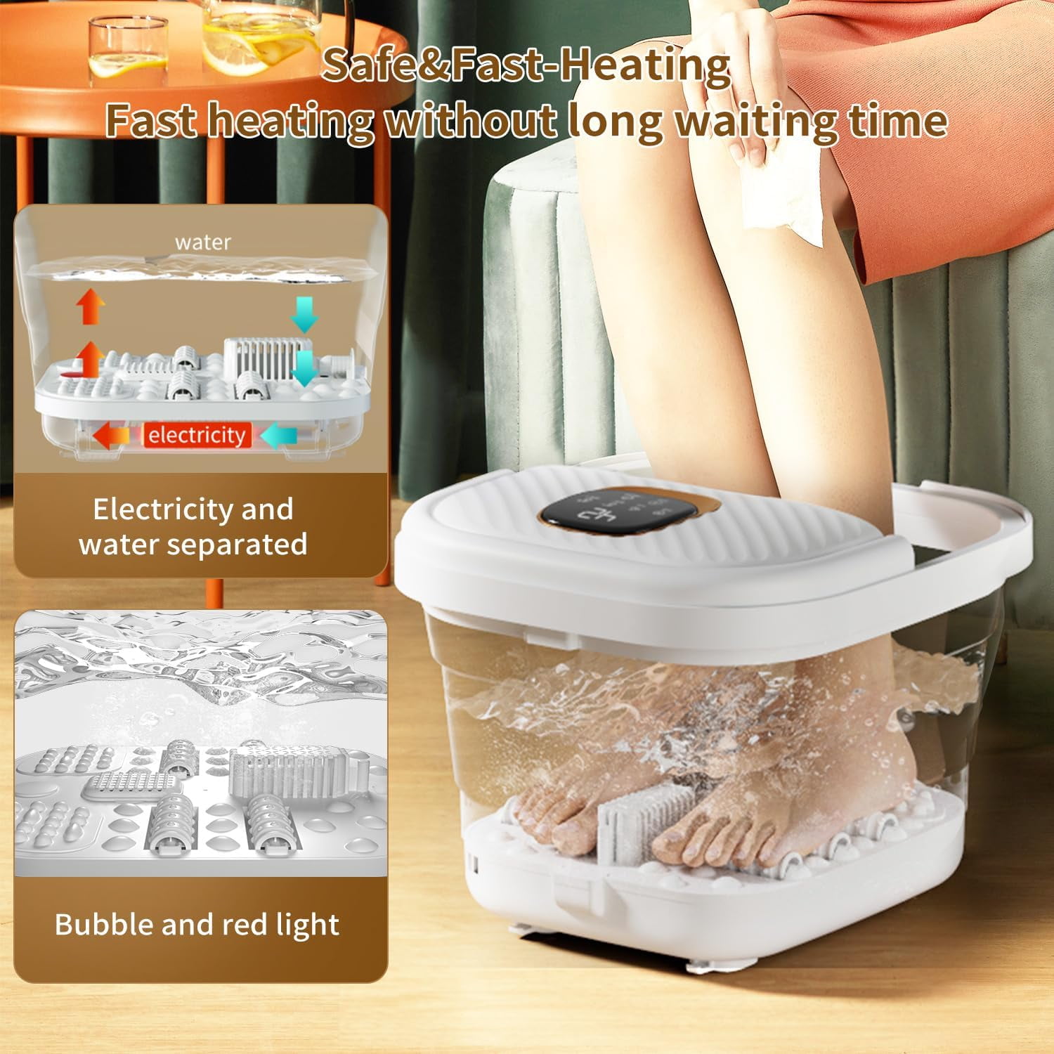 Collapsible Foot Spa Bath Massager with Heat, Bubbles, Red Light & Massage Rollers, Complete Pedicure Spa Kit with 8 Tools, Portable and Foldable Foot Soak Tub for Home Use