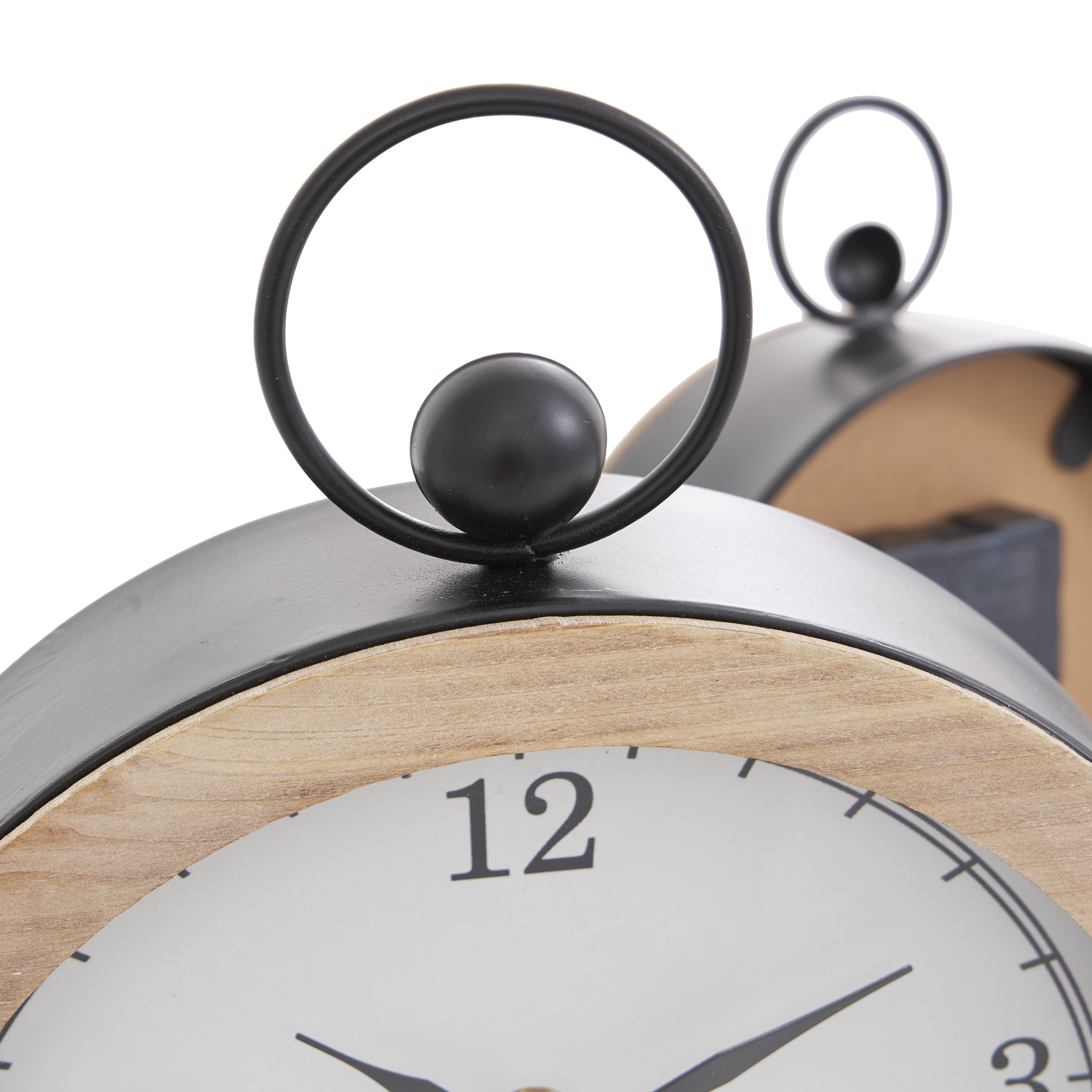 DecMode 10" White Wooden Semicircle Clock with Brown Wooden Frame and Ring Handle, Set of 2