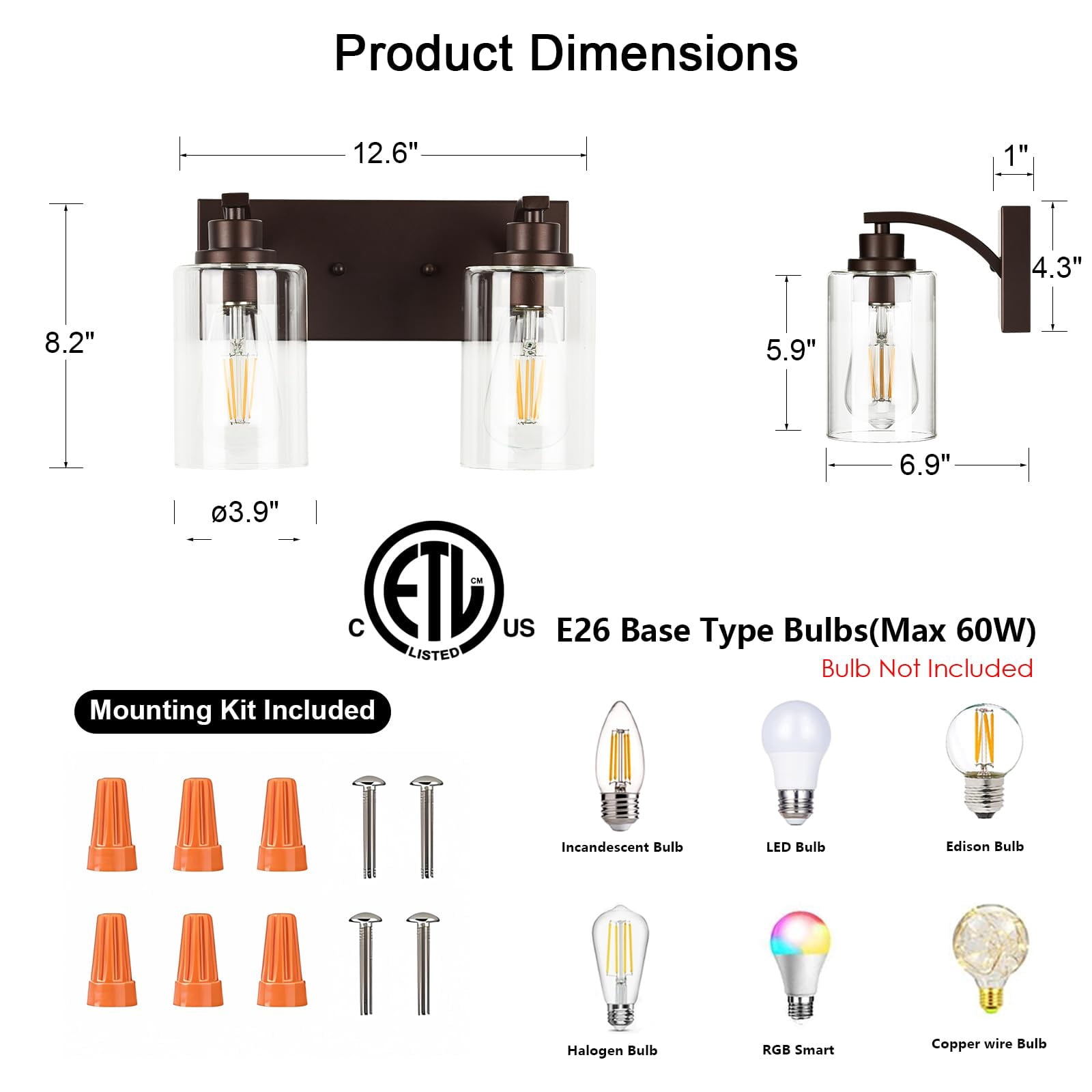 2-light Bathroom Light Fixtures Modern Orb Vanity Lights For Lighting Over Mirror With Clear Glass Shade Cabinet Bedroom Hallway