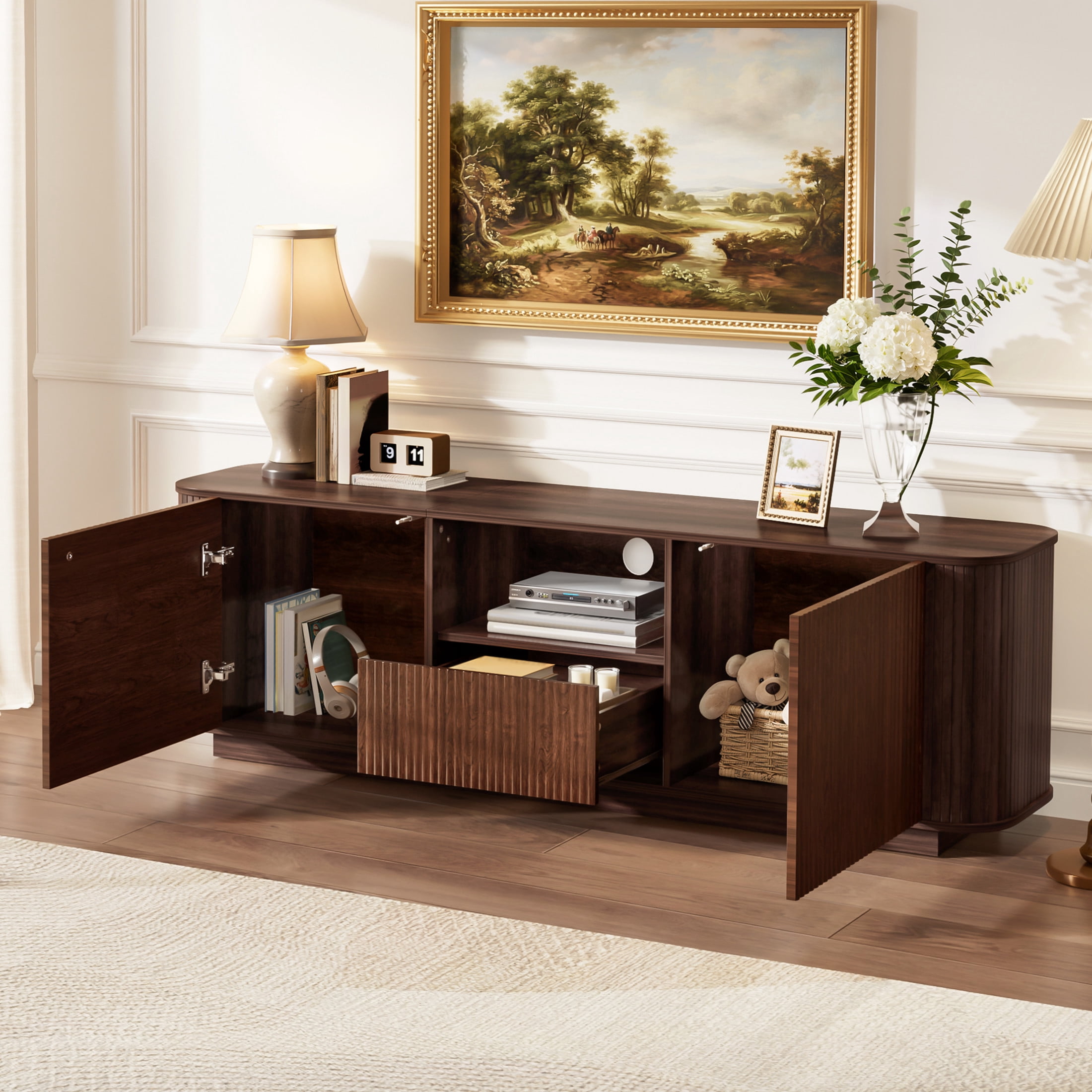 Noble House Modern TV Stand for TVs up to 80" with Ample Storage, Curved Corners, Dark Brown