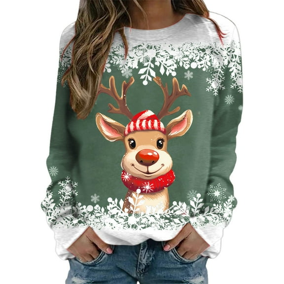 SRZYMJ Women's Long Sleeve Crewneck Graphic Sweatshirt Festive Reindeer Holiday Pullover Soft Cozy Winter Top Casual Comfort Wear