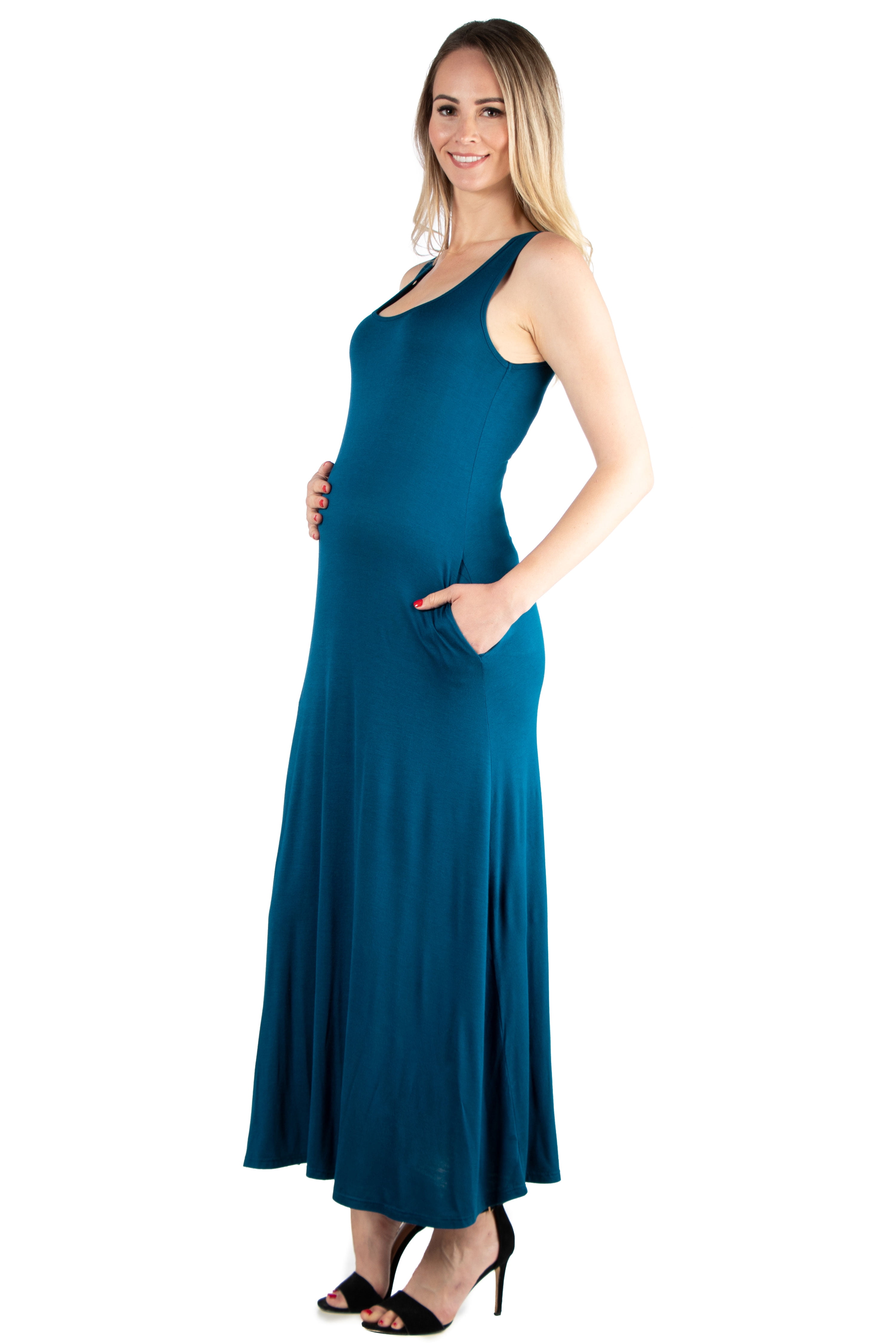 24seven Comfort Apparel Sleeveless Tank Maternity Maxi Dress with Pockets