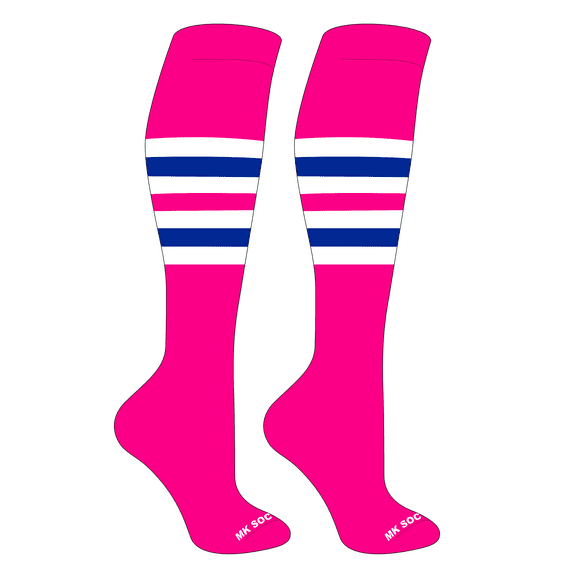 MK Socks Striped OTC Baseball, Softball, Football Socks (F) Hot Pink, White, Royal (XS)