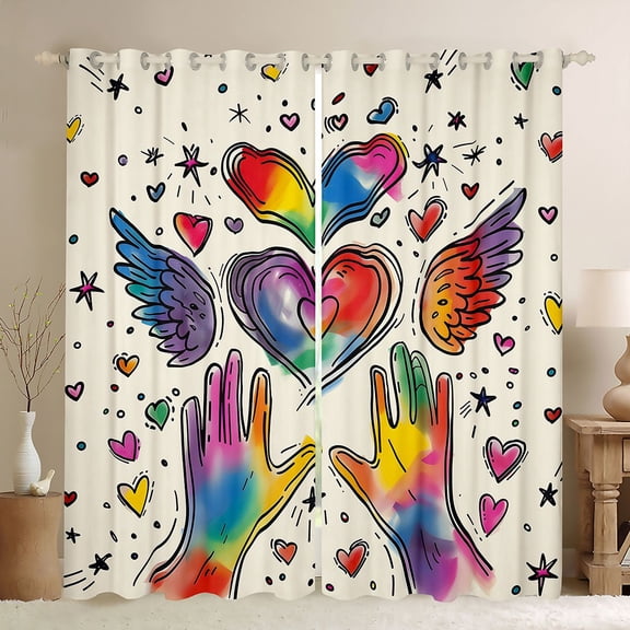 Manfei Cartoon Rainbow Love Blackout Curtains, Watercolor Graffiti Art Window Curtains Pack of 2 (38x45 Each), Cream Blue