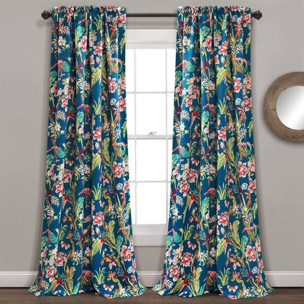 Lush Decor Dolores - Paneles de Ventana filtrantes de luz, Pares, 132 cm de Ancho x 213 cm de Largo, Azul Marino y Multi - Cortinas de Toile - Estampado Floral de pájaro - Cortinas grandmil