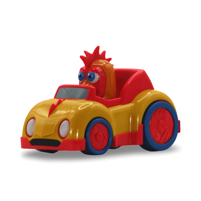 carrito de inercia - la granja de zenón Bartolito a Rodar, juguete coleccionable; vista 3/4 frontal de un auto amarillo y rojo con detalles azules, figura de Bartolito como conductor con cresta roja y ojos grandes, ruedas robustas para empujar y jugar en distintas superficies. También suele usarse como pieza de colección para exhibir en estanterías infantiles.