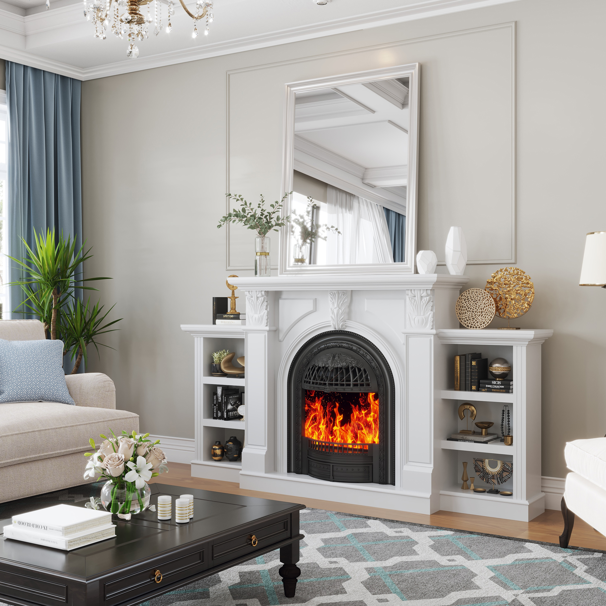 BOSHIRO 80" Fireplace TV Stand for TVs up to 90", Electric Fireplace with Mantel and Cabinets for Living Room, Bedroom