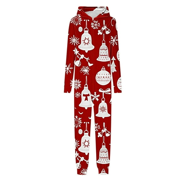 Family Christmas Onesie Matching Pajamas Cute Funny Print Fall Winter Long Sleeve Hooded Zip Up Jumpsuit,Red 2,Mom:XL