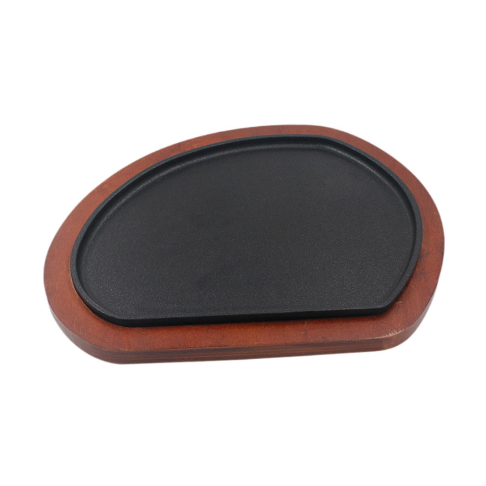 Baoblaze Cast Iron Steak Plate Wood Tray Griddle Steak Plate, Nonstick Cooking Plate Fajita Skillet for Home Picnic Camping Restaurant