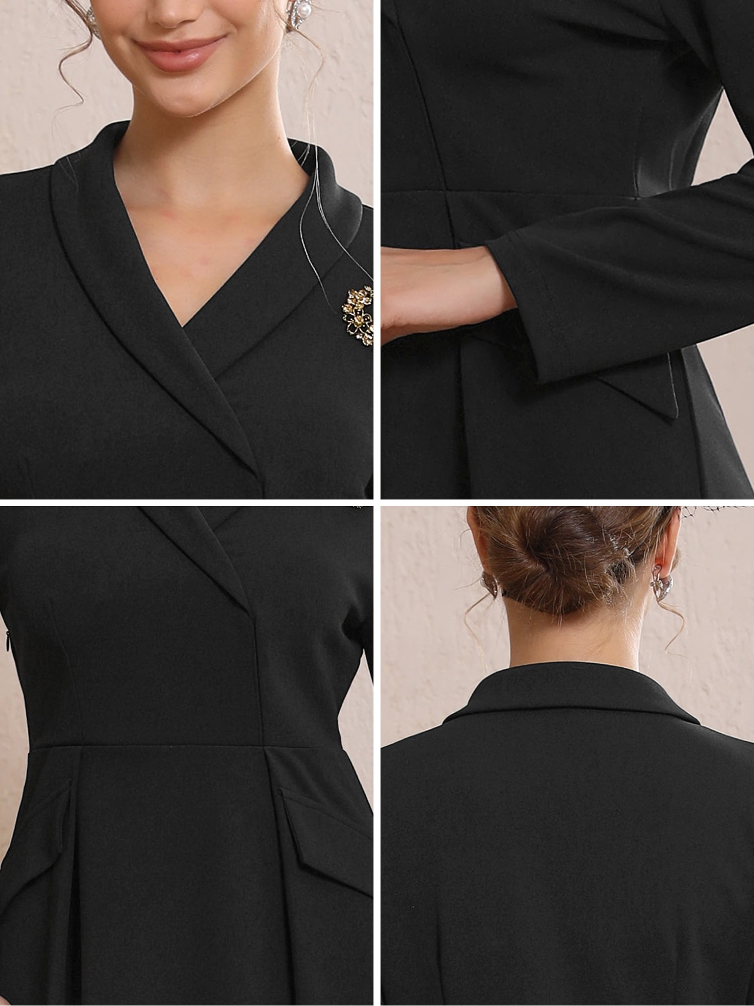 DARING DIVA Women's Collared V Neck Long Sleeve Blazer Dresses with Brooch 2XL Black
