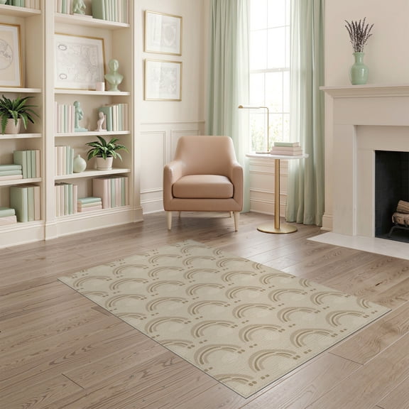 ODIKA 4'x6' Beige Brown Arched Pattern Design Washable Area Rug Elegant Geometric Motif with Modern Flair Pet Friendly, Non-Shedding for Bedroom, Reading Nook