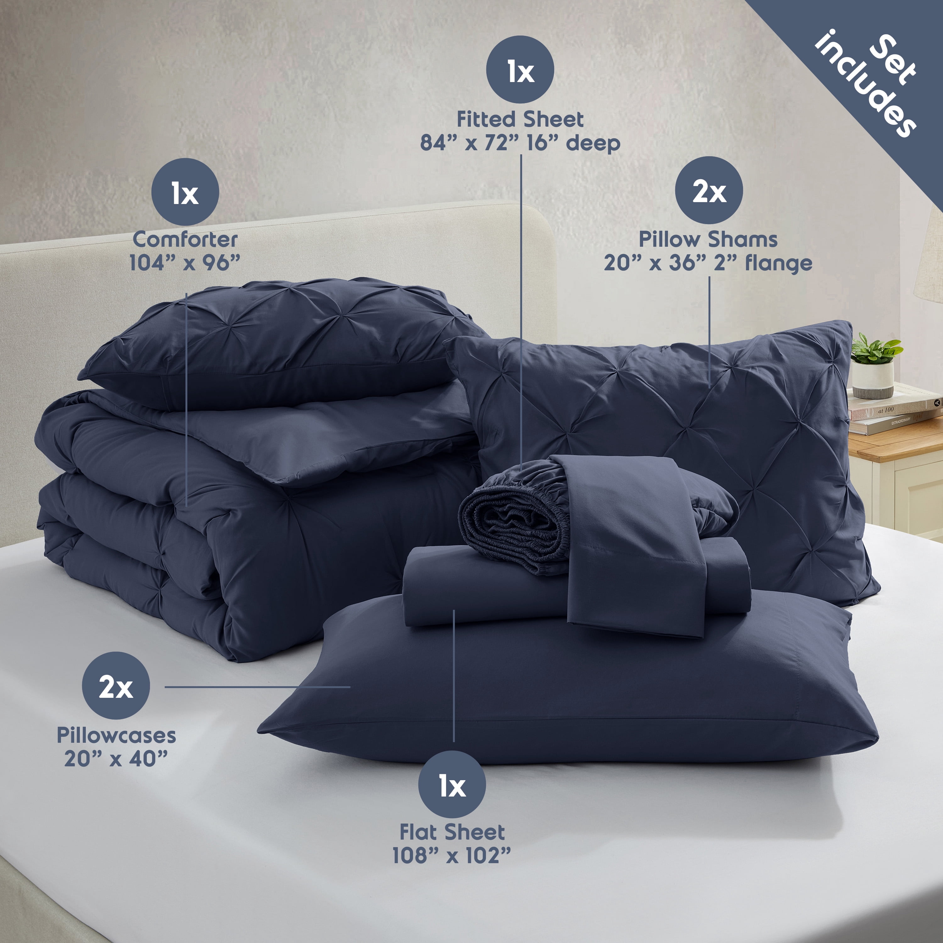 LammaLoe California King Size comforter Sets, 7 Piece Bed In A Bag Pintuck Bedding Sets, Navy