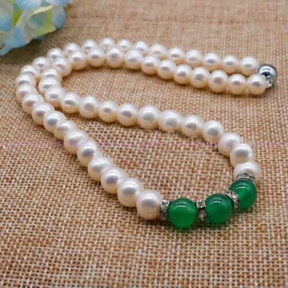 K-KED Natural 7-8mm White Cultured Pearl Green Jade Gems Beads Necklace 18''