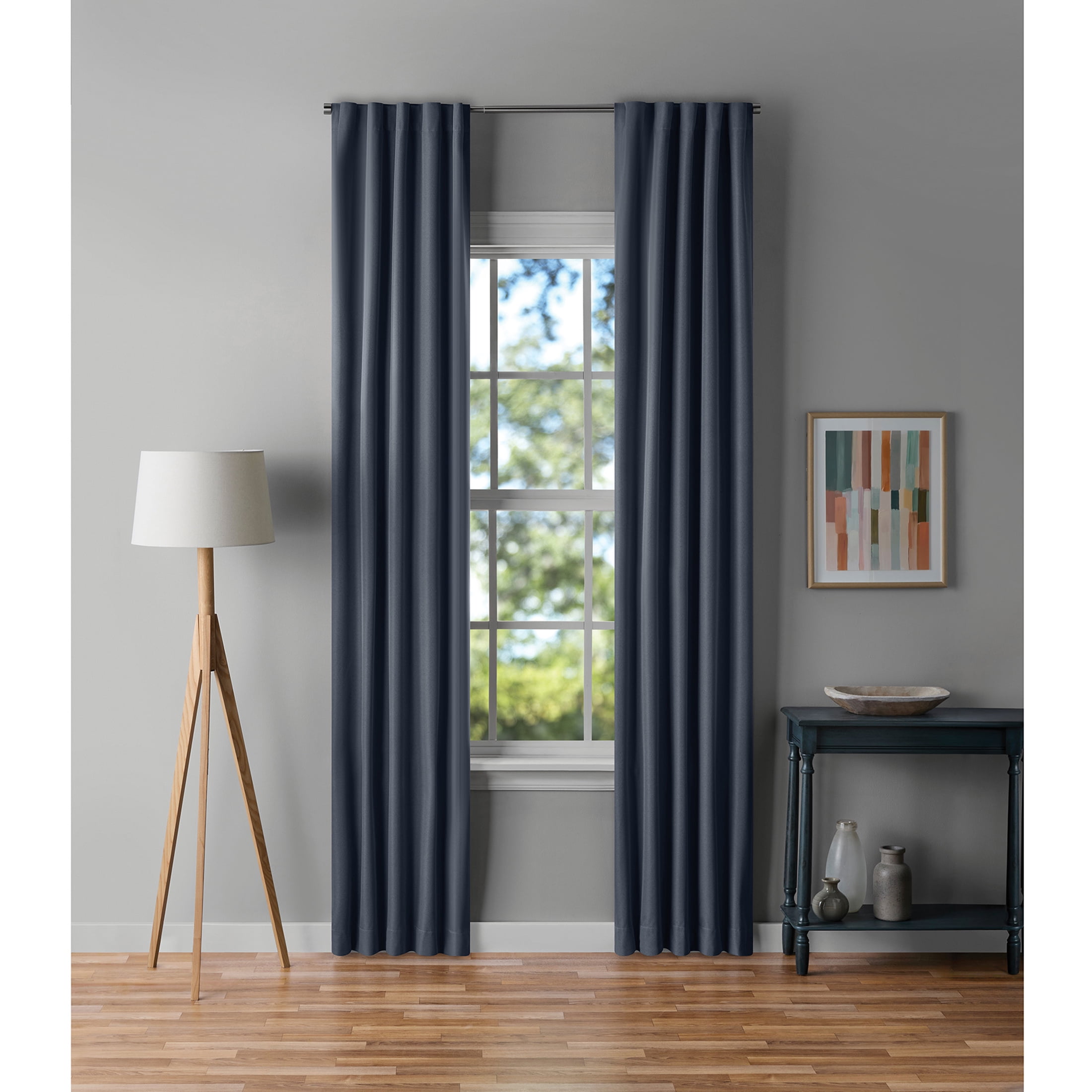 Mainstays Dark Navy Solid Blackout Rod Pocket with Back Tabs Curtain Panel Pair, Set of 2, 30" W x 95" L