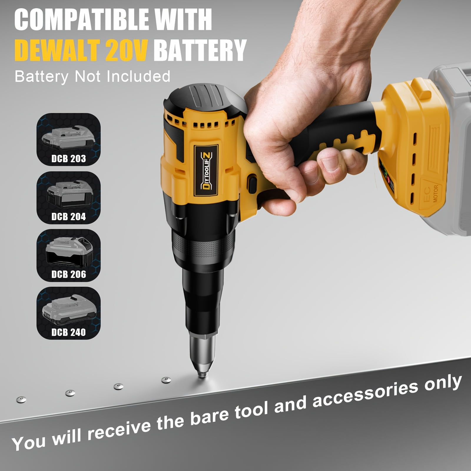 Pop Rivet Gun For 20V Battery, Cordless Rivet Tool With 3 Size (1/8", 5/32", 3/16") Aluminum Rivets, Brushless Motor Rivet Gun Kit Nose Piece（NO  Battery）