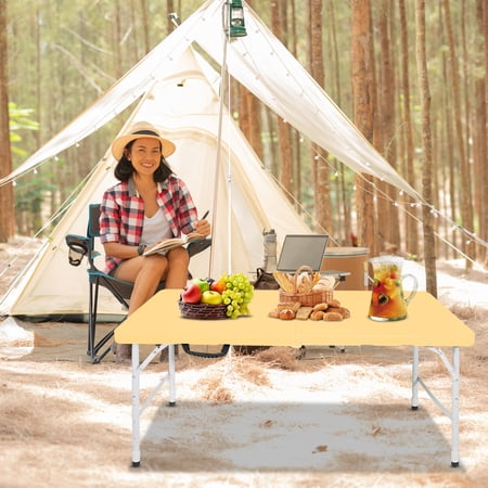 4 FT Portable Folding Table with Gravity Lock and Height Adjustment Fold in Half Plastic Table with Carry Handle Steel Legs and Non Scratch Feet Caps Portable Table for Camping Light Yellow