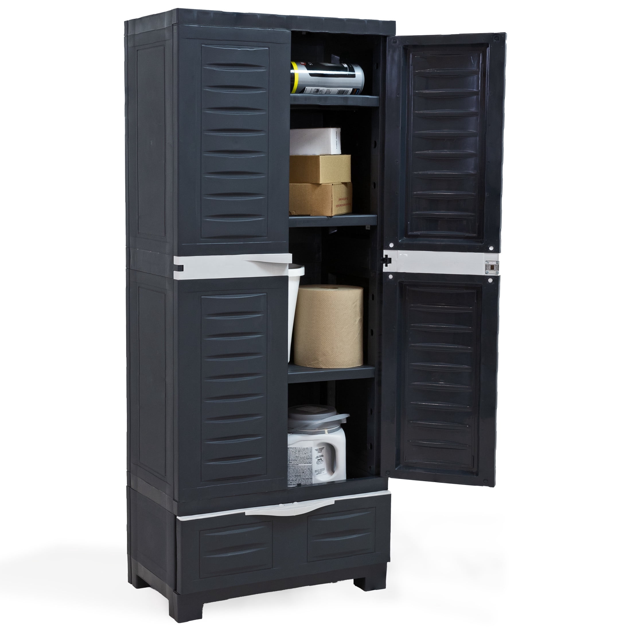 Sunnydaze Lockable Adjustable 57.5" Plastic 3-Shelf 1-Drawer Freestanding Storage Cabinet, Charcoal
