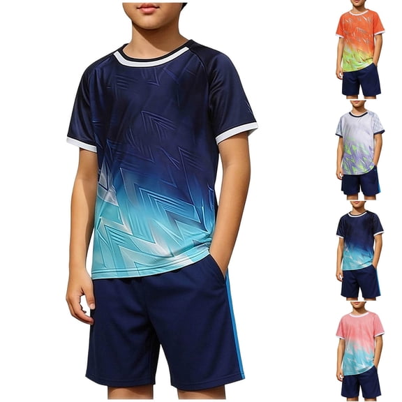 Eltusu Boys Athletic Outfit Sets, Crew Neck Short Sleeve Sports 2PC Kids Clothes Sets Blue Size 10-12 T