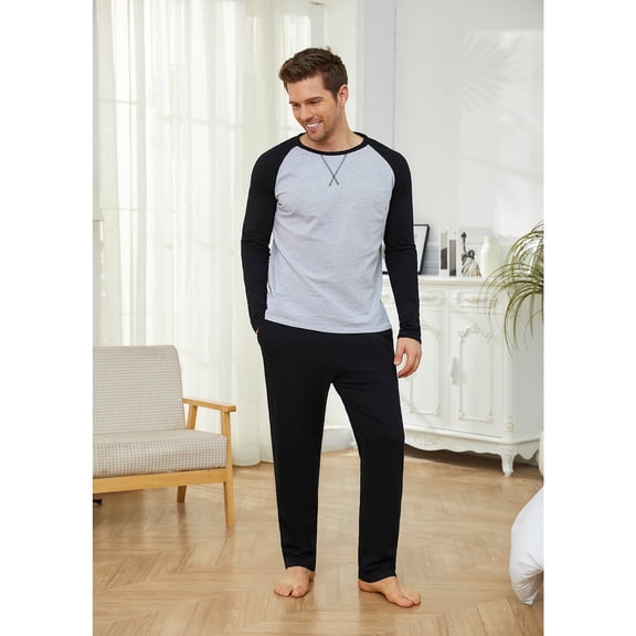 Mens Long Sleeve Pajama Set Men's Cotton Pajamas 2 Pieces Mens Warm Pajamas Set Long Sleeve and Pants Loungewear Set for Men, L-XXL