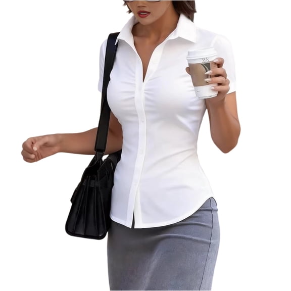 Short Sleeve Button Up Women Y2k Ruched Tops with Collared Fitted Button Down Shirts for Women 2026 Summer Fashion, S