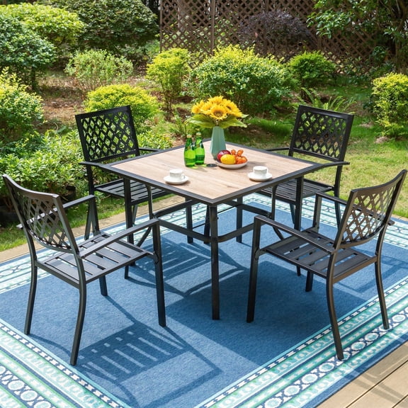 5-Piece Outdoor Patio Dining Set with Stacking Chairs & Faux Wood Table, All Weather, Black