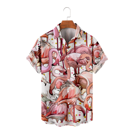

MLFU Adult Short Sleeve Button Down Beach Shirt Regular Fit Collared Flamingo T-Shirts Holiday Clothing For Men Youth