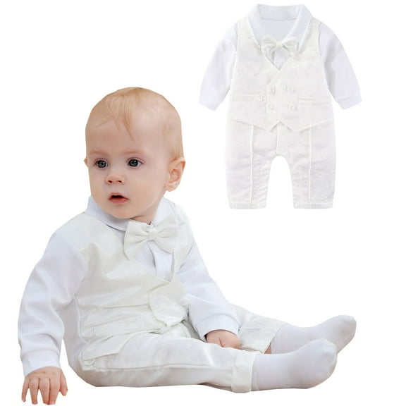 Hresadio Baby Boy Baptism Outfit Infant White Long Sleeve Romper Christening Clothes & Bowtie, Sizes 0-18 Months