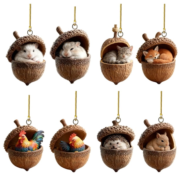 1/8 piezas Adorno navideño Adorno acrílico con forma de bellota de animales del bosque Decoración colgante para fiestas navideñas Regalo de Navidad