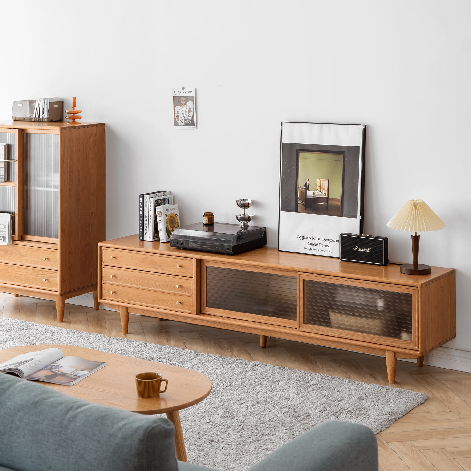 MAYEERTY Walnut Color Solid Red Oak TV Cabinet with Changhong Glass Doors – 70-79 Inches TV Stand