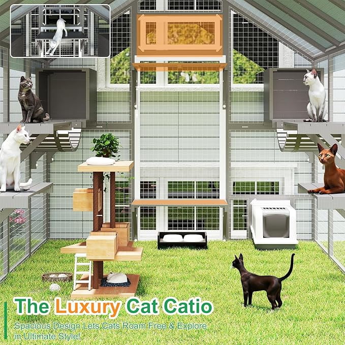 Gowoodhut Extra Large Catio Outdoor Cat Enclosure Waterproof, Walk-in Outdoor Pet House for Multiple Cats, Catio Cat Run Cage with Bridges, Weatherproof Full Cover, 8 Platforms, 2 Resting Box