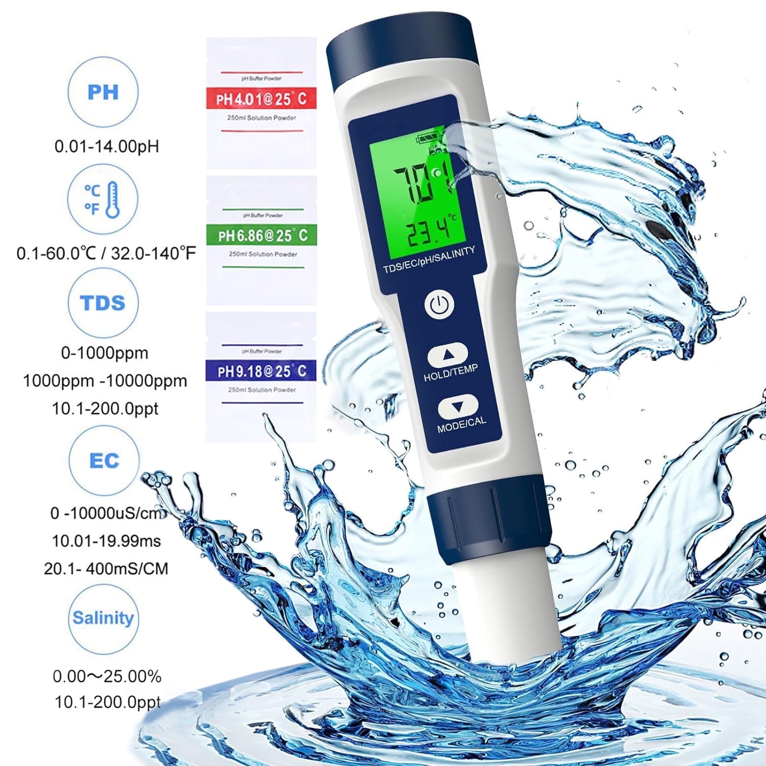 Digitale pH-meter, 4-in-1 pH EC TDS-tester voor zwembad, EC PPM TDS-meetapparaat voor drinkwater, geschikt voor watertester en drinkwater