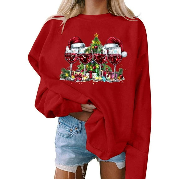 Tops for Women Plus Size Christmas Day Printed Long Sleeved Round Neck Top Sweatshirts Red XL