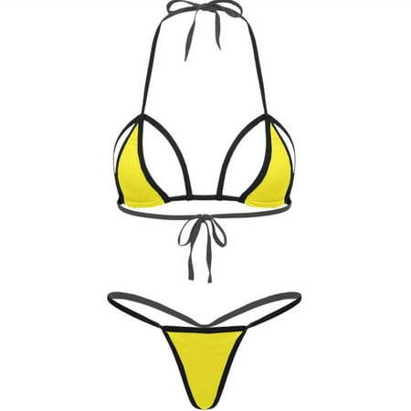 ZQGJB Womens Sheer Extreme Swimsuit Bikini Sexy Halterneck Top and Tie Sides Micro Bikini Thong Sets(C-Yellow Free Size)