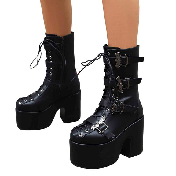 Buckle Platform Mid Calf Combat Boots for Women Punk Fashion Leather Lace up Chunky Block High Heel Short Ankle Booties