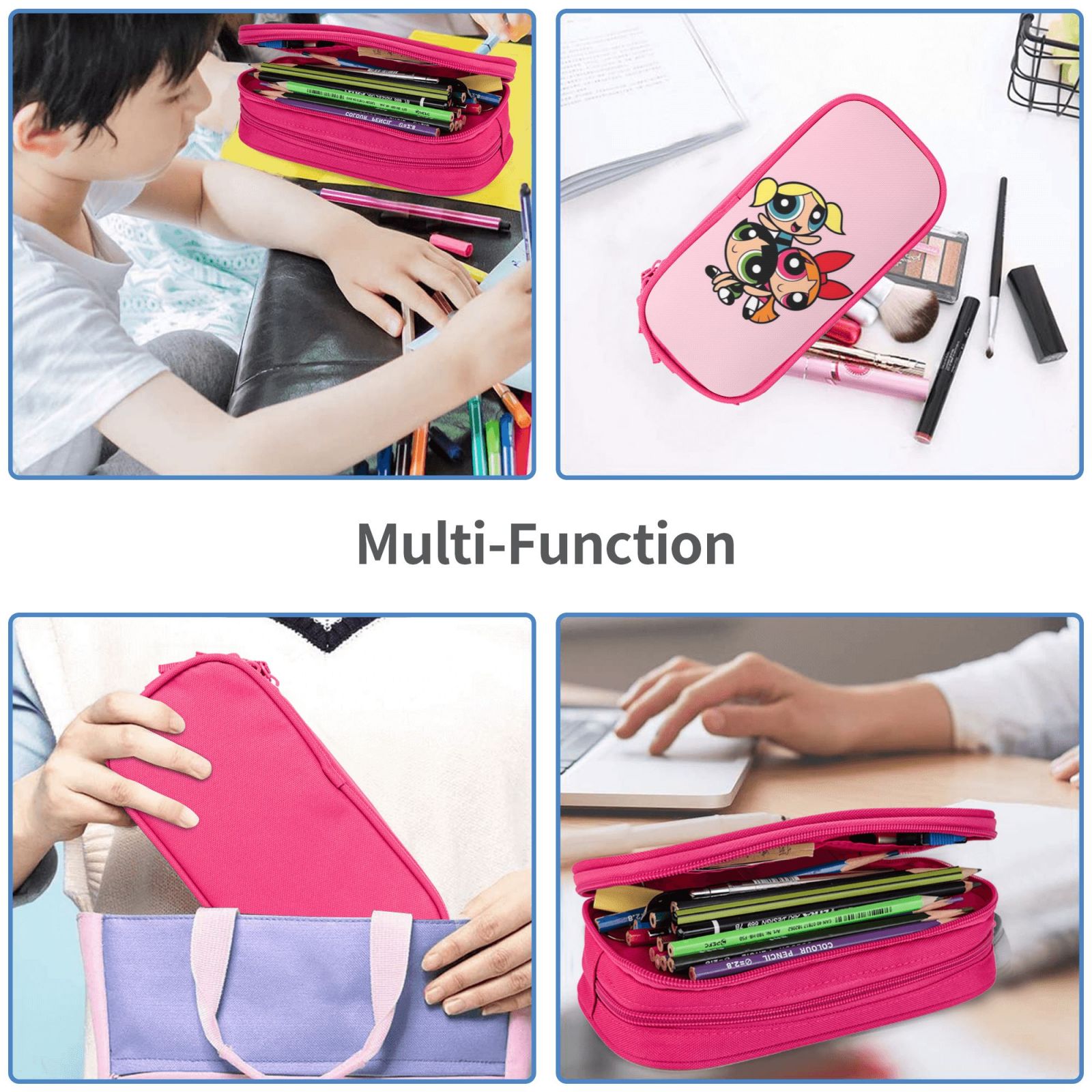 The Powerpuff Gi-rls Pencil Case Large Capacity Pencil Pouch Pen Bag Office Stationery Organizer Travel Makeup Bag Pink